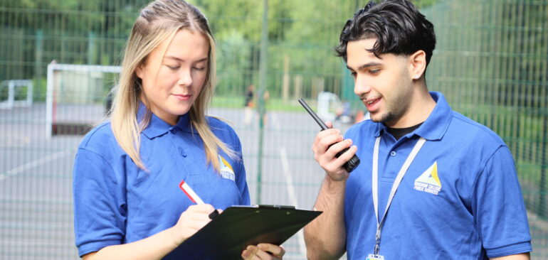 Public Services students outside Dalehead courts on radio